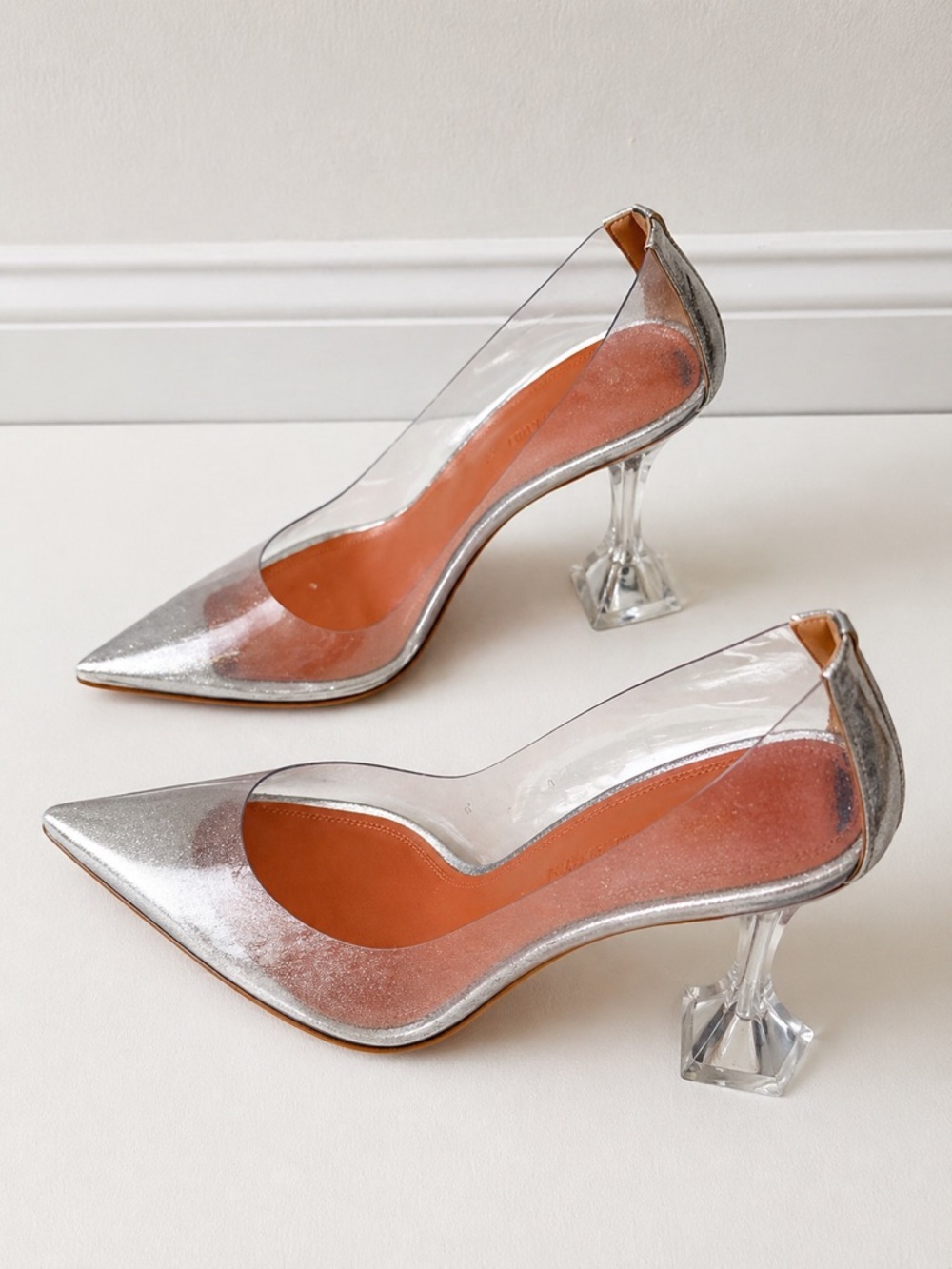 Amina Muaddi Ami Crystal Heel Pumps Silver 39